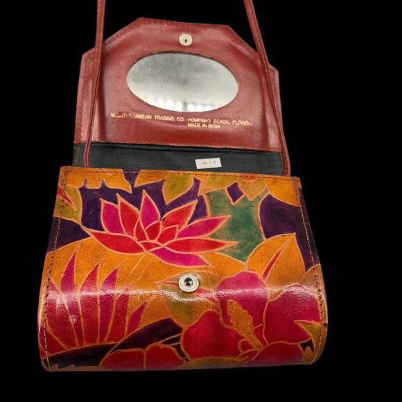 Vtg Leather Crossbody Bag Mirror Hand Painted Animals Floral Artsy Boho - Picture 2 of 13
